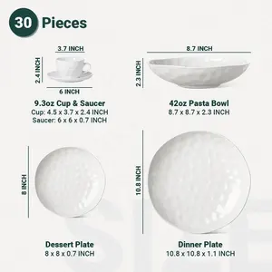 White Porcelain Dinnerware Set 30 Piece Over Size Plates Dessert Salad And Pasta Dishes W/Cup Saucer For 6