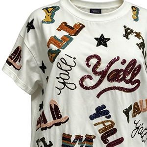 Fashion Custom Embroidery Sequin Words Formal Lace 100% Cotton Clothing <strong>Tops</strong> Women Stylish Short Sleeves <strong>Sparkle</strong> Women's T - Product Image 4