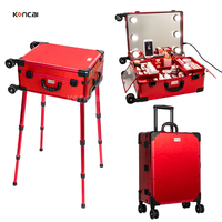 Valise de maquillage portable en aluminium rouge tendance avec miroir LED, poignée souple et fermeture à clapet