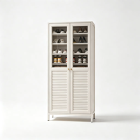 Meuble à chaussures moderne pour entrée, section supérieure en verre visible et armoire inférieure avec volets d'aération, en acier surélevé résistant à l'humidité
