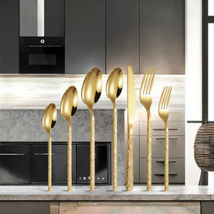 Juego de Cubiertos de Acero Inoxidable Martillado Dorado de Diseño Moderno y Ecológico, Cuchillo, Tenedor y Cuchara, 5 Piezas, Fácil de Limpiar, para Bodas - Product Image 3