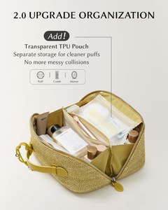 Sac de Maquillage Tissé en Gros, Trousse de Toilette de Voyage, Pochette Cosmétique Plate à Ouverture Large 180°, Grande Capacité avec Séparateurs et Poignée - Product Image 3