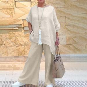 Nouvelle tenue pour femmes en coton et <span class=keywords><strong>lin</strong></span>, mode décontractée, <span class=keywords><strong>grande</strong></span> <span class=keywords><strong>taille</strong></span>, asymétrique, manches longues, <span class=keywords><strong>pantalon</strong></span> large, deux pièces - Product Image 3