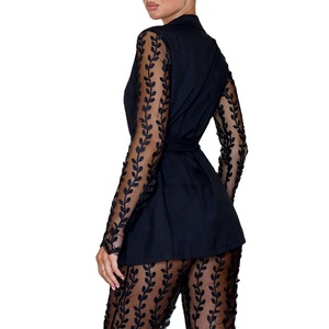 Formale Giacca Sportiva delle Donne di Autunno di Colore Solido Del Merletto Del Ricamo Manica Lunga <span class=keywords><strong>Cintura</strong></span> Giacca - Product Image 6