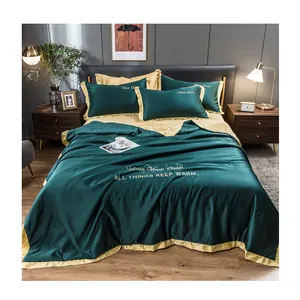 RC0413-2 Luxury King Size Silk Satin Bedding Bedspread Bed Cover Embroidery 4 Pcs Bedspreds Set