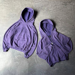 Personalizado 450g ácido lavado Vintage bordado pulóver holgado sudaderas Unisex peso pesado de gran tamaño Boxy recortado Fit Zip up Hoodie - Product Image 3