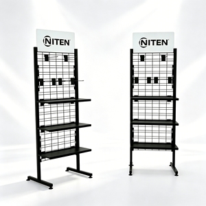 Multi-Function Metal Floor Display Rack with <b>Hooks</b> & <b>Shelves</b> Wire Panel Stand for Snacks Accessories Daily Goods Supermarket - Product Image 1