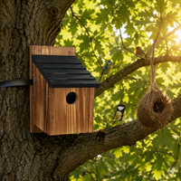 Nouveau-nid d'oiseaux mural en bois de pin carbonisé rustique et écologique, étanche, avec toit incliné noir, pour la faune sauvage