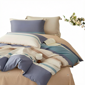 Juego de Ropa de Cama 100% Algodón, Juego de Funda de Edredón a Rayas, Transpirable, Agradable al Tacto, 4 Piezas para Dormitorio - Product Image 1