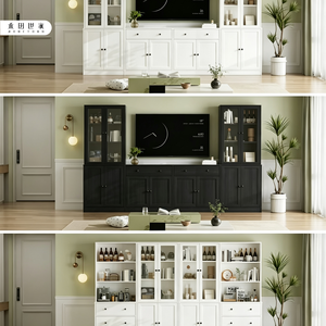 Mobile <span class=keywords><strong>TV</strong></span> moderno bianco a parete intera, ecologico, con <span class=keywords><strong>libreria</strong></span> alta in vetro abbinata e ante chiuse - Product Image 5
