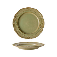 Assiette de dîner en céramique beige gaufrée style rococo français, assiette de présentation vintage en porcelaine avec bordure perlée en dentelle, plat de mariage