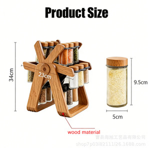 Wooden Rotating <b>Spice</b> Rack With Glass <b>Jars</b> Airtight Kitchen Storage Organizer For Condiments And <b>Spices</b> - Product Image 3