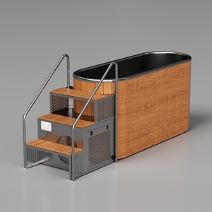 Baignoire de récupération par immersion froide traditionnelle en bois et acier inoxydable avec finition bois et marches métalliques pour salle de sport, hôtel, spa - Product Image 1