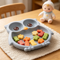 Assiette Bébé en Silicone à Ventouse avec Compartiments, Motif Hibou de Dessin Animé, Sans BPA, Qualité Alimentaire, pour Repas d'Enfants