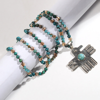 Collier vintage bohème ethnique en pierre naturelle de 6 mm avec nœud en verre, pendentif en turquoise argenté antique en forme d'aigle