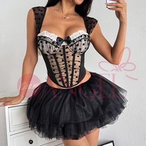 KISS ME ANGEL Sexy Sous-Vêtements Sweet Girl Bow Dot Dentelle Évider Perspective Maille Plissée Dos Nu Fishbone Sexy Débardeurs - Product Image 5