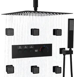 HONGDEC Black Bathroom Shower System Wall Mount Thermostatic Shower Faucet Brass Rainfall Shower System