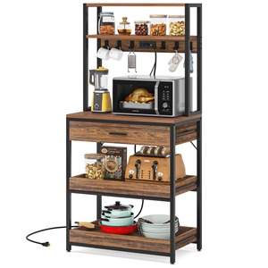 Étagère de <span class=keywords><strong>boulanger</strong></span> standard en MDF marron moderne avec tiroir compatible avec micro-ondes, étagère de cuisine à 5 niveaux - Product Image 4