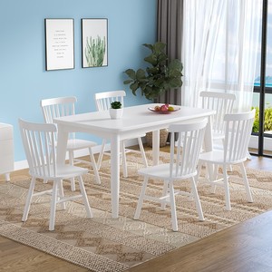 <b>White</b> Solid Wood <b>Dining</b> <b>Table</b> And Chair Set 6 Piece Rectangular Nordic Style Space Saving <b>Dining</b> Room Set - Product Image 2
