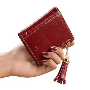2021红色皮革钱包RFID阻挡小双双老拉链口袋钱包卡包带ID窗口的钱包