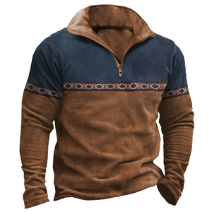 Men's Quarter Zip Fleece Pullover With Geometric Pattern Stand Collar Casual Winter <b>Top</b> Regular Fit <b>Brown</b> Blue <b>Long</b> <b>Sleeve</b> - Product Image 1