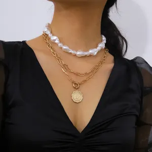 世新模拟巴洛克风格的白色珍珠项链魅力珠项链金链硬币吊坠项链的女士的妇女的首饰