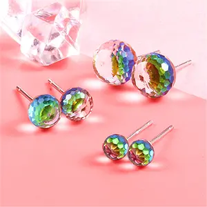 New Design 925 Sterling Silver Pin Flash Rainbow Color Glass Crystal Ball S925 Stud Earring Women