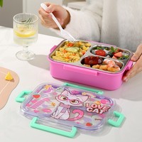 Boîte à bento en acier inoxydable 304 pour enfants, anti-fuite, avec 3 compartiments et couvercle transparent à motif de dessin animé, boîte à lunch scolaire