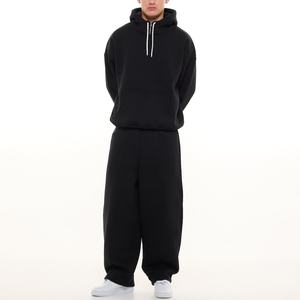 Sweat-shirt décontracté technique noir en polaire 460 g/m² avec logo personnalisé, capuche double couche, fermeture éclair YK, cordon de serrage, coupe ample, épaules tombantes, surdimensionné - Product Image 1