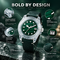 Montre automatique pour homme avec boîtier transparent personnalisé OEM, cadran vert, bracelet en silicone, étanche, montre mécanique de plongée