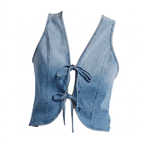 Chaleco vaquero halter para mujer con lazo frontal, estilo casual, corto, de color liso y lavado. - Product Image 1