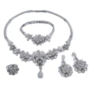 Yulaili Großhandel Schmuck Sets Platin Überzogen Blume Design Silber Farbe Braut Schmuck Halskette Ring Set Für Frauen