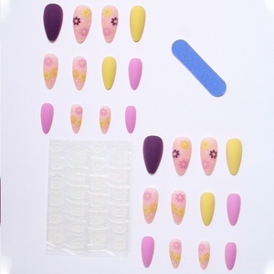 Faux ongles à presser Neon Flower Power, forme amande, finition mate, motifs floraux <span class=keywords><strong>rose</strong></span>/jaune vibrants, style Y2K, pour l'été - Product Image 5