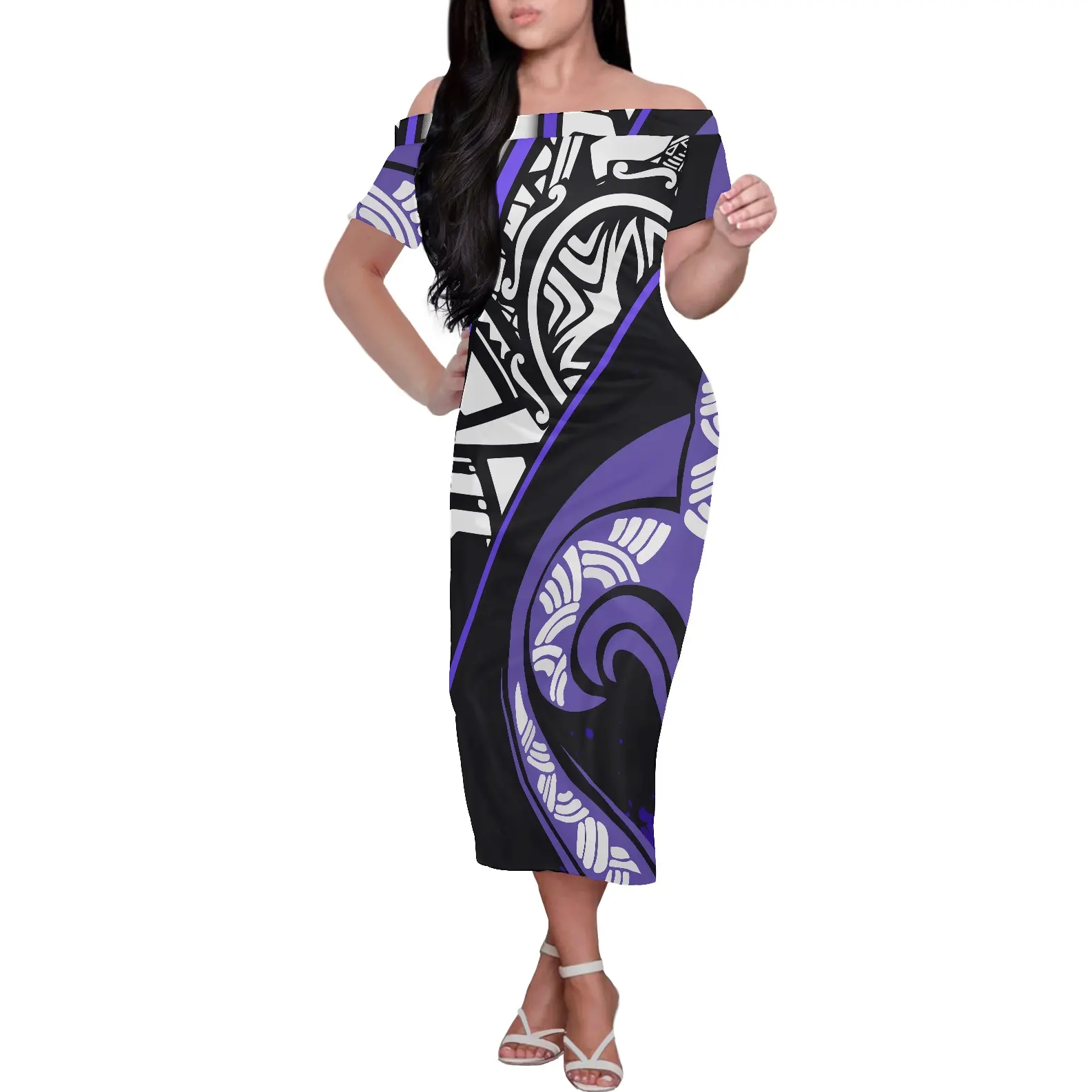 Samoan polinezya dövme tasarımları çiçek yaz elbisesi bayan giyim kapalı omuz Midi elbise kısa kollu parti Bodycon elbise