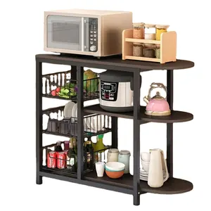 Wholesale Simple Storage Racks Black Home Kitchen Room Wooden Kitchen Cart Trolley Metal Frame Kitchen Cart With Basket