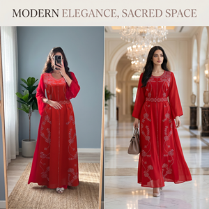 Vestido de Fiesta Musulmán Estilo Festivo Rojo Floral con Cinturón de Chifón y Manga Larga para Eid, Banquete, Exhibición Premium - Product Image 5