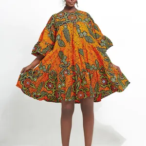Mini vestido escalonado con estampado africano tela de cera Vestido de manga larga de moda 100% algodón mujeres africanas cinturón vestido a juego - Product Image 2