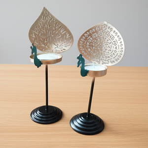 Lampe à huile et bougie ethnique en laiton motif paon Art Déco – Pack multi-pièces – Cadeau de mariage pour Diwali et décoration intérieure festive - Product Image 2