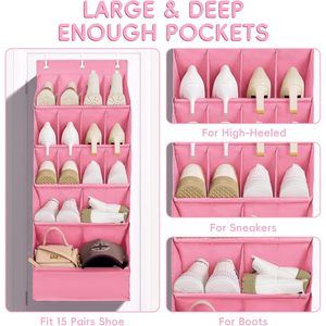 Over The Door <b>Shoe</b> Organizer 15 Pockets Pink Hanging <b>Shoe</b> Rack For Closet <b>Storage</b> With Large Pocket Multifunctional - Product Image 3