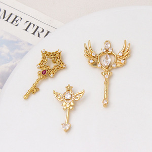 18K Gold-Plated Brass <strong>Magic</strong> Wand Key Cross Pendant with Zircon Heart <strong>Charm</strong> for DIY <strong>Bracelet</strong> Necklace - Product Image 3