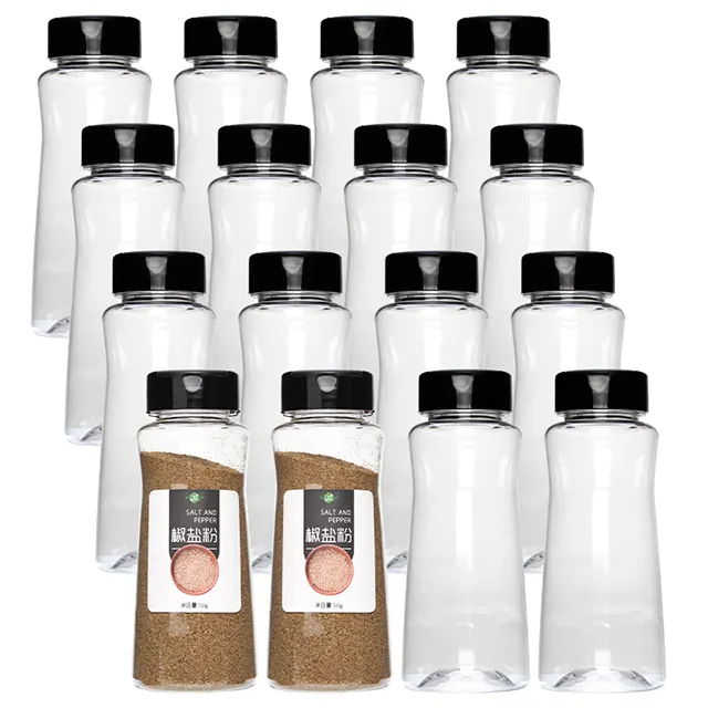 包装用のラベル空塩シェーカープラスチックスパイスボトル瓶付き卸売200gキッチンペッパーパウダースパイスジャー