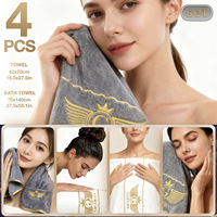 Lot de 4 serviettes de bain en polaire corail pour la vente en gros transfrontalière, absorbantes, douces, avec ailes brodées de fil doré, haut de gamme, pour usage domestique et hôtelier