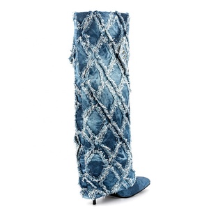 Women Denim Overlay Knee High Boots High Thin Heels Shoes New Design Boot-cut Jeans Stiletto Square Toe <b>Long</b> Booties Size 44 - Product Image 3