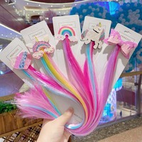 Extensions de perruque multicolores en tricot fantaisie, cheveux raides arc-en-ciel pour enfants, pince à cheveux licorne faite à la main, mignonne et adorable