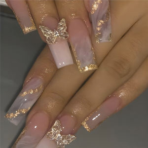 Franse 3d Vlinder Goud Sprankelende Poeder Nagel Op Pers 24 Stuks Met Doos Lange Volledige Cover Pers Op Nagel - Product Image 1