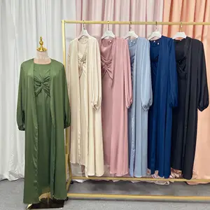 News High Quality Pure color Satin Muslim Clothing Elastic simple style muslim abaya Islamic Jilbab Prayer 2 piece abaya set
