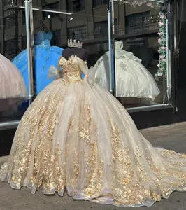 Mumuleo şampanya quincedresses elbiseler altın 3D çiçek çiçekler aplikler dantel prenses balo tatlı 16 elbise kapalı omuz