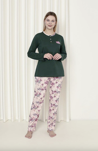 Set pigiama da donna a manica lunga in cotone 100% kaki floreale di stagione W20242241 per donna donna