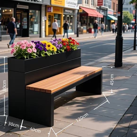 Boîte à fleurs noire 120*30*80 chaise en bois 120*40*45