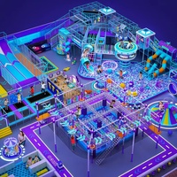 Equipo de juegos interior comercial directo de fábrica, temática SPACE PORT, con toboganes de andamios, piscina de bolas, circuito ninja, trampolín y arena